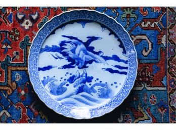 (19th C) Chinese Blue And White Charger With Phoenix Over Rough Seas