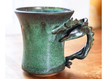 Glazed Art Pottery Mug With Chilong Form Handle