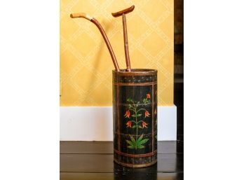 (19th C) Hand Painted Brass Bound Wooden Umbrella Stand
