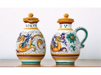 Pair Of Italian Faience Oil And Vinegar Pitchers