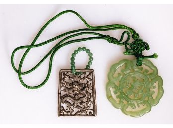 Chinese Jade Plaque Strung To A Braided String Necklace And A Silver Pendent With Jade Beads