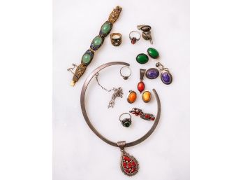 Grouping Of Silver Necklaces, Rings And Earrings Set With Polished Hardstones