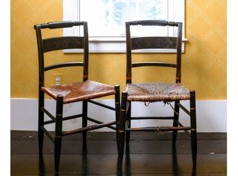 Pair Of Hitchcock Side Chairs With Rush Seats And Stenciled Backs