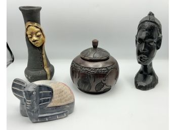 Stone Elephant Box, Face Vase, Carved Head & More
