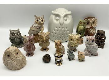 Large Owl Lot - Stone, Metal, Alabaster, Porcelain