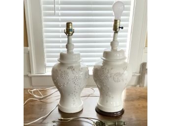 Pair Ceramic Ginger Jar Lamps With Raised Design