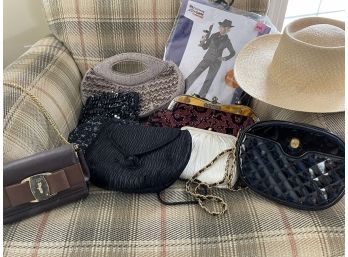 Bags 1 Brown Ferragamo, 1 Nordstrom, 4 Beaded Bags, 1 Constume And 1 Straw Hat