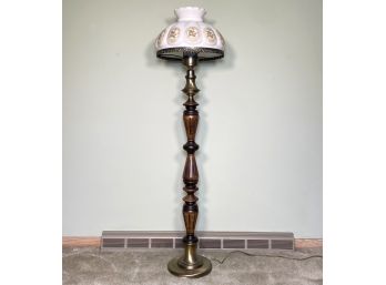 A Vintage Wood And Milk Glass Standing Lamp