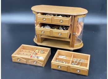 An Assortment Of Ladies' Costume Jewelry In Vintage Oak Case