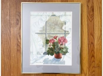 A Vintage Framed Watercolor 'Geraniums In The Window 1989' By Elaine Johnson
