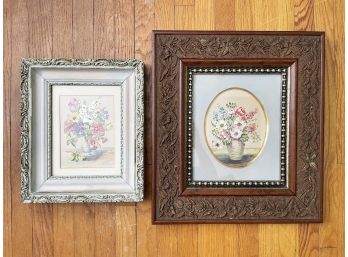 A Pairing Of Miniature Floral Mixed Media Framed Artwork