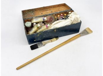 Oil Paints And Brushes In Vintage Wood Painters Box