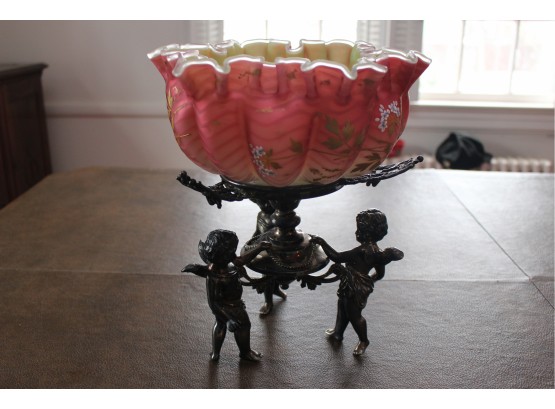 Victorian Pink With Ruffled & Crimped Glass Crested Art Glass Bowl And Angel Stand