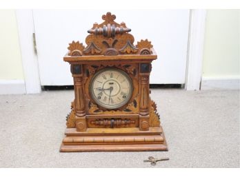 Hand Carved Vintage Mantle Clock With Key