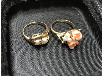 Two Pearl Rings Set In 14k Gold Bands