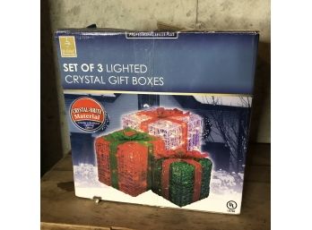 Set Of 3 Outdoor Lighted Crystal Gift Boxes