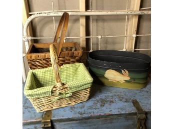 Baskets And Painted Metal Bunny Bin