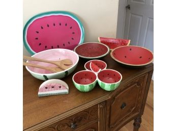 Wooden And Ceramic Watermelon Bowls With Salad Tongs
