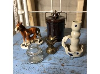 Ceramic Jar, Vintage Horse Figure, Glass Ink Well And Candle Holder