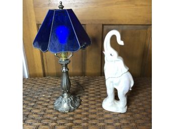 Small Blue Glass Shade Lamp With Iridescent Elephant