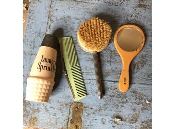 Vintage Comb, Hairbrush And Mirror With Laundry Sprinkler