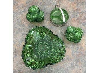 Green Pressed Glass Appetizer Platter With Matching Plates  And Green Glass Divided Dish