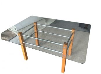 Glass Top Chrome And Wood Dining Table