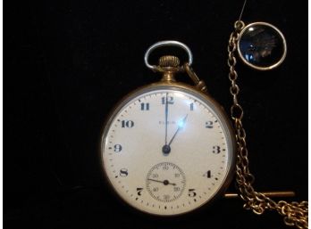Antique Elgin Pocket Watch With 14K Gold Chain And Carved Cameo Pendent