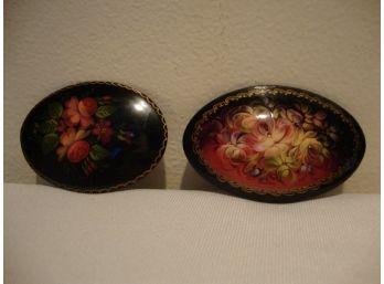 2 Russian Lacquer Painted Pins Signed