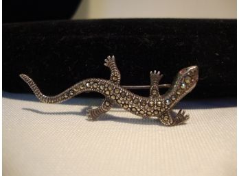 Sterling Marcasite Lizard Pin With Pink Stone Eyes