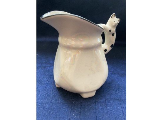 Vintage Creamer Pitcher Cat Handle White Black Made In Czech Republic Here Kitty Kitty