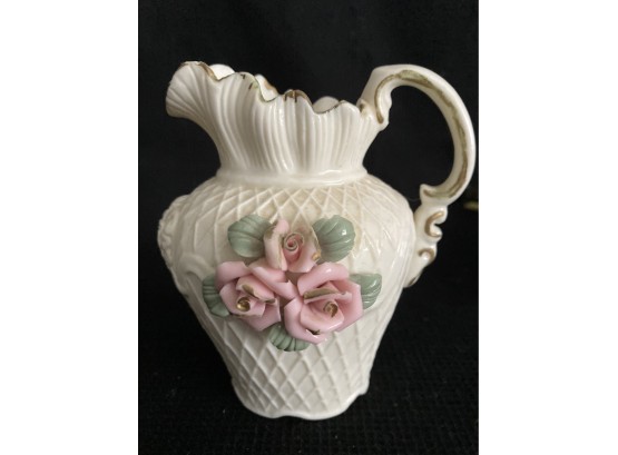 Milk Glass Pitcher With Pink Roses