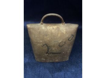 Vintage Cow Bell Has A Picture On The Side With Latin Words.