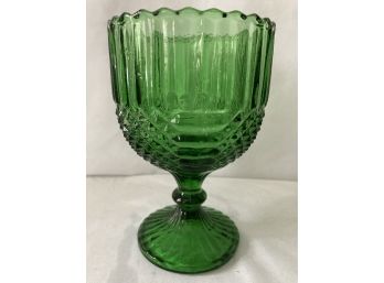 Vintage Emerald Green Glass Textured Compote Diamond Cut Rim Goblet