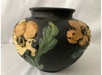 1930 Tiffin Poppy Art Glass Amethyst Black Satin Vase Original Yellow Painted  Poppies
