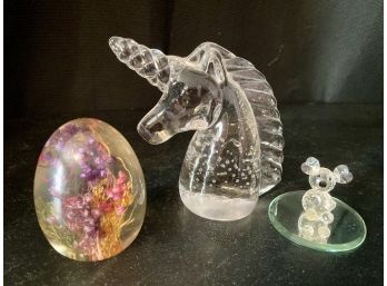 Small Clear Class Unicorn, Floral Egg And Crystal Teddy