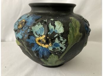 1930 Tiffin Poppy Art Glass Amethyst Black Satin Vase Original Blue Painted  Poppies