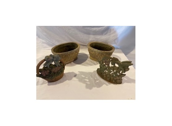 Two Vintage Ceramic Planters And Two Ornate Designed Door Stops