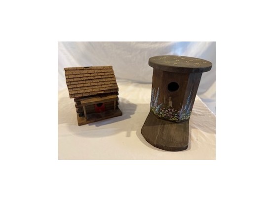 Two Adorable Bird Houses - One Floral Print, One Cabin Design