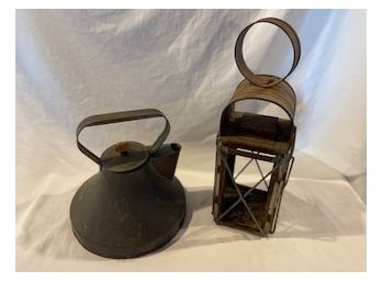 Antique Metal Teapot And Lantern