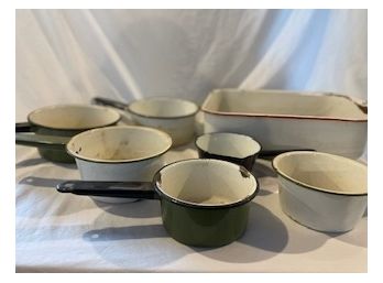 7 Piece Enamelware Set. Includes 1 Basin And 6 Pans