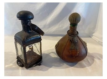 Two Vintage Decanters In Leather Casings. Made In Italy.