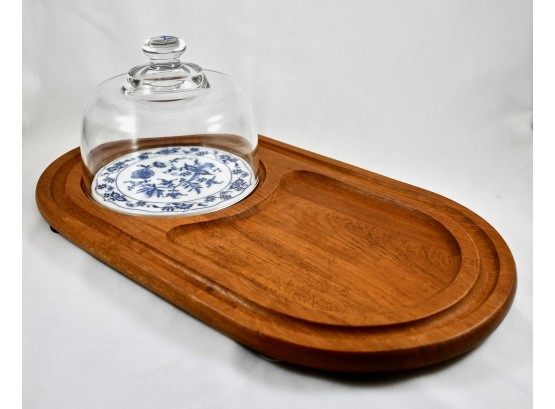 Midcentury Dolphin Brand Teakwood Cheese Platter With Glass Domed Lid