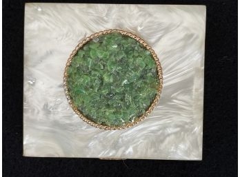 Vintage Mirror Compact With Pearlized Cover Adorned With Encrusted Green Stones