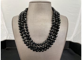 Vintage Triple Strand Black Necklace With Encrusted Beaded Clasp