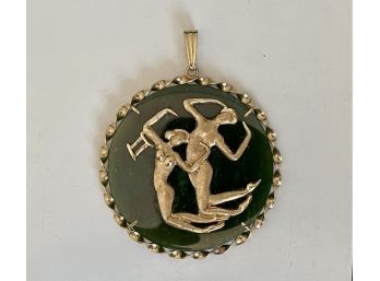14K Gold Set Jade Pendant Of Dancing Figures