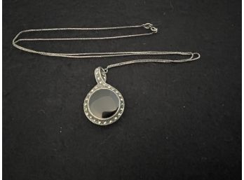Two Sided Sterling Pendant With Marcasite On Sterling Box Chain, Made In Italy