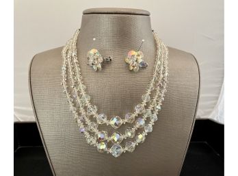 Three Strand Choker Necklace & Coordinating Earrings In Iridescent Crystal Design