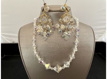 Clear Rainbow Crystal Choker Necklace & Chandelier Earrings
