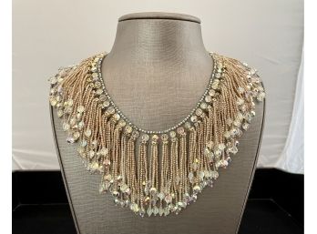Mid Century Beaded Bib Necklace With Seed Beads And Rhinestones